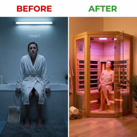 Multifunctional 2-3 Person Infrared Sauna for Home, 2180W Indoor Sauna with 7-Color LED Ambient Light, Red Light Feature, Oxygen Bar, Dual Bluetooth Speakers, 360° Surround Heating — Before & After