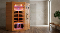 Multifunctional 2-3 Person Infrared Sauna for Home, 2180W Indoor Sauna with 7-Color LED Ambient Light, Red Light Feature, Oxygen Bar, Dual Bluetooth Speakers, 360° Surround Heating — Lifestyle