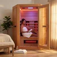 Multifunctional 2-3 Person Infrared Sauna for Home, 2180W Indoor Sauna with 7-Color LED Ambient Light, Red Light Feature, Oxygen Bar, Dual Bluetooth Speakers, 360° Surround Heating — Lifestyle