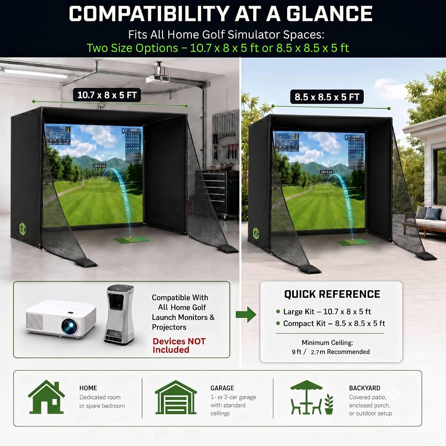 Golf Simulator Enclosure 10.7X8X5Ft & 8.5X8.5X5Ft Golf Simulators for Home